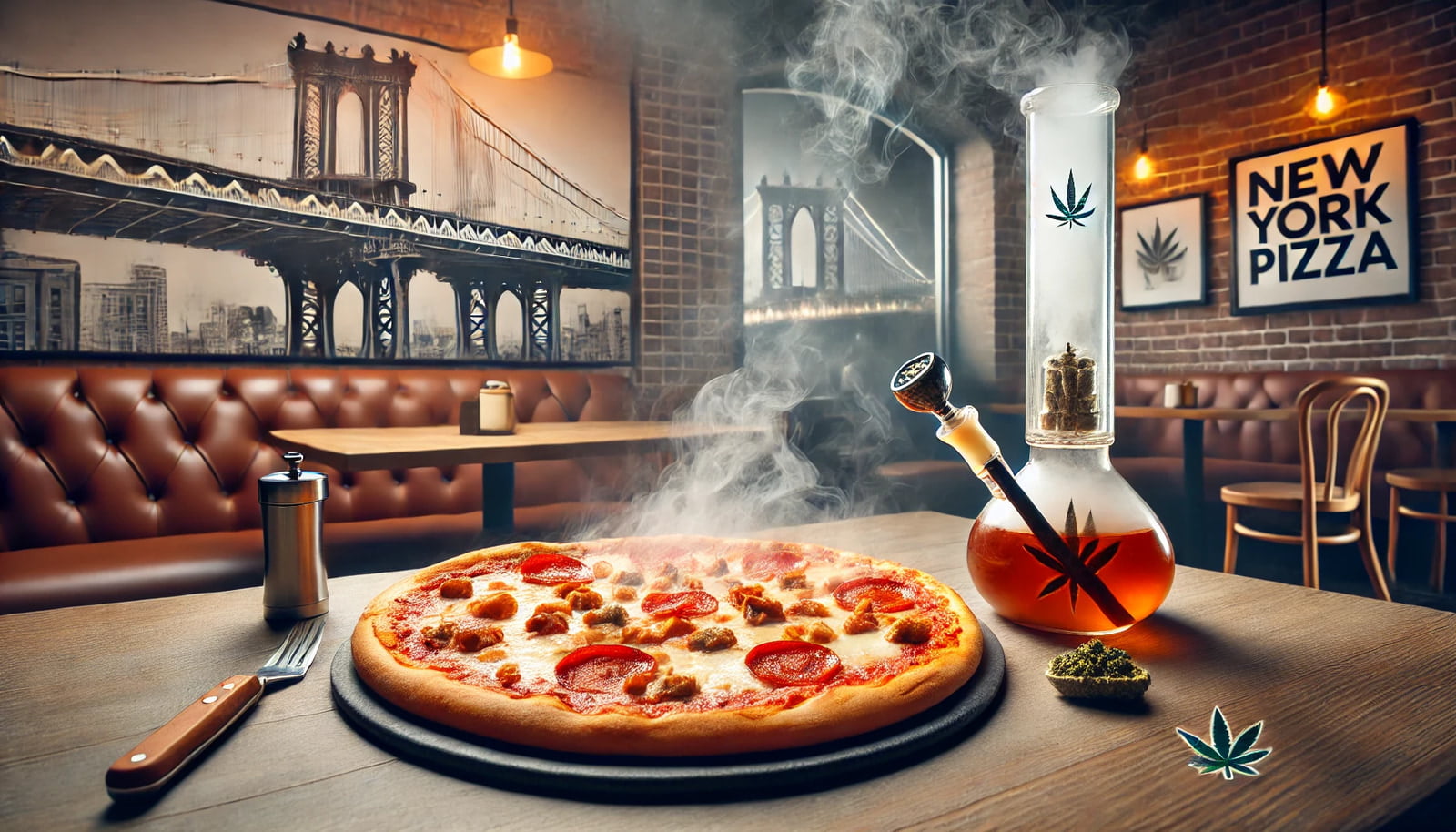 A hot, steamy New York pizza in a wide format. The pizza is on a table with a smoking bong next to it. 